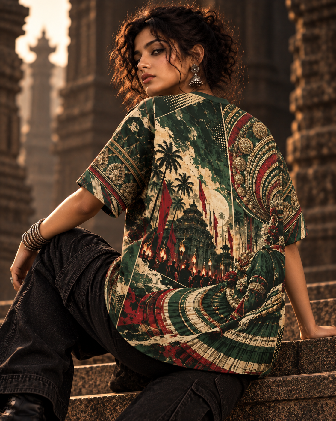 Emerald Arangam women's oversized t-shirt with Theyyam anime design by ZERO CODE - view 4