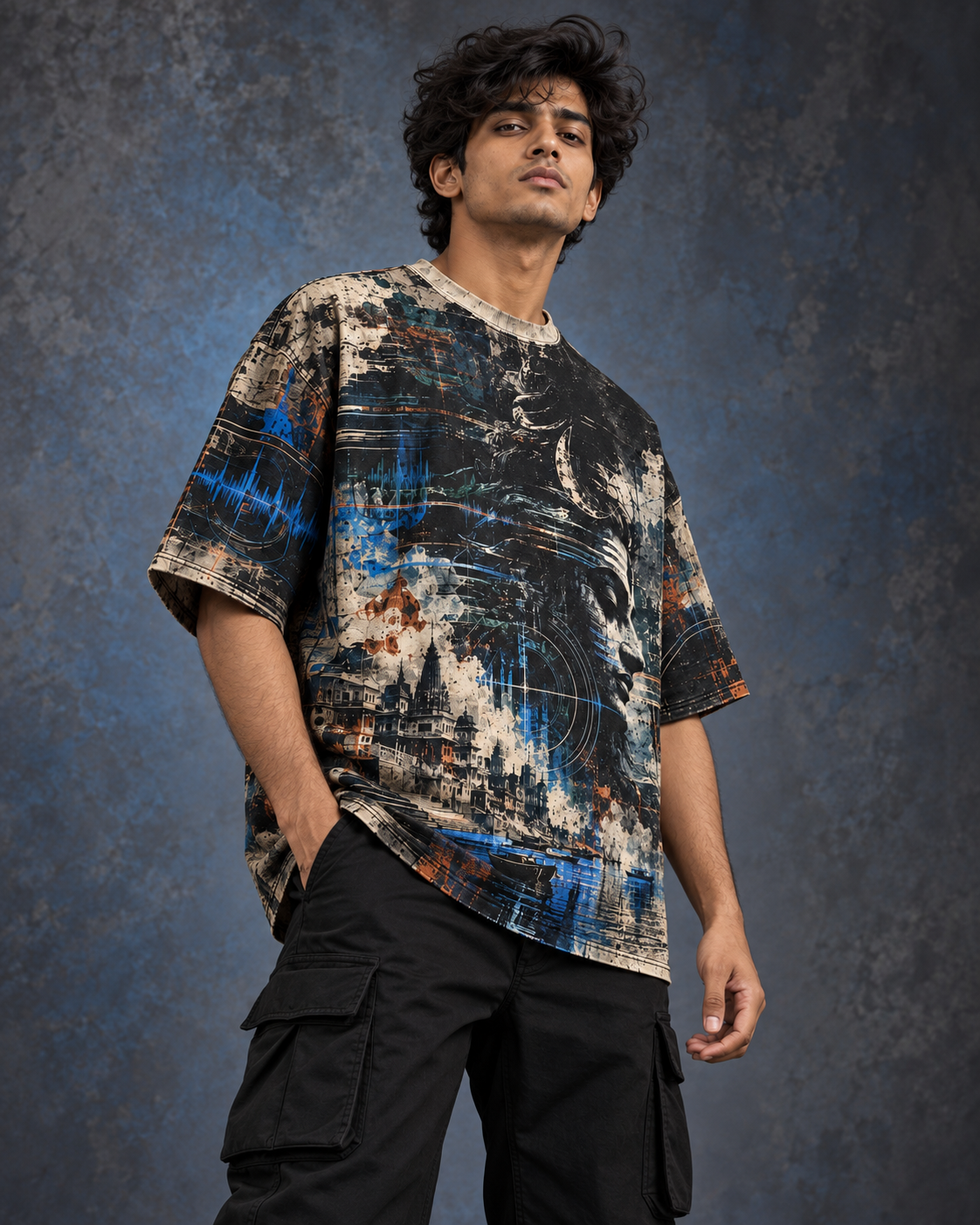 Rudra Transmission men's oversized t-shirt with dark Varanasi grunge design by ZERO CODE