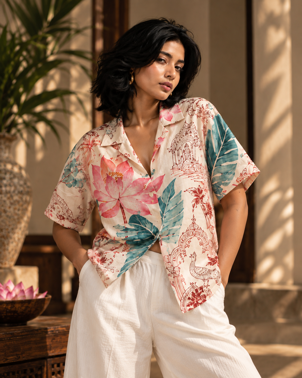 Lotus Cabana women's printed casual shirt with tropical Indian resort design by ZERO CODE - view 3