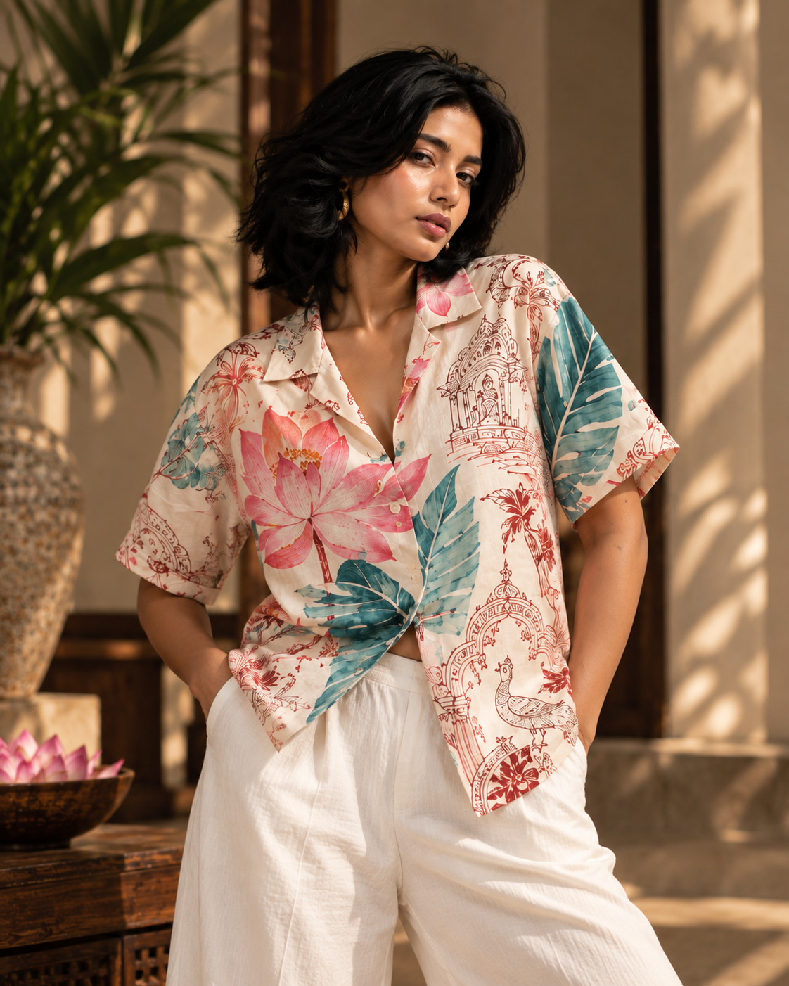 Lotus Cabana women's printed casual shirt with tropical Indian resort design by ZERO CODE - view 3