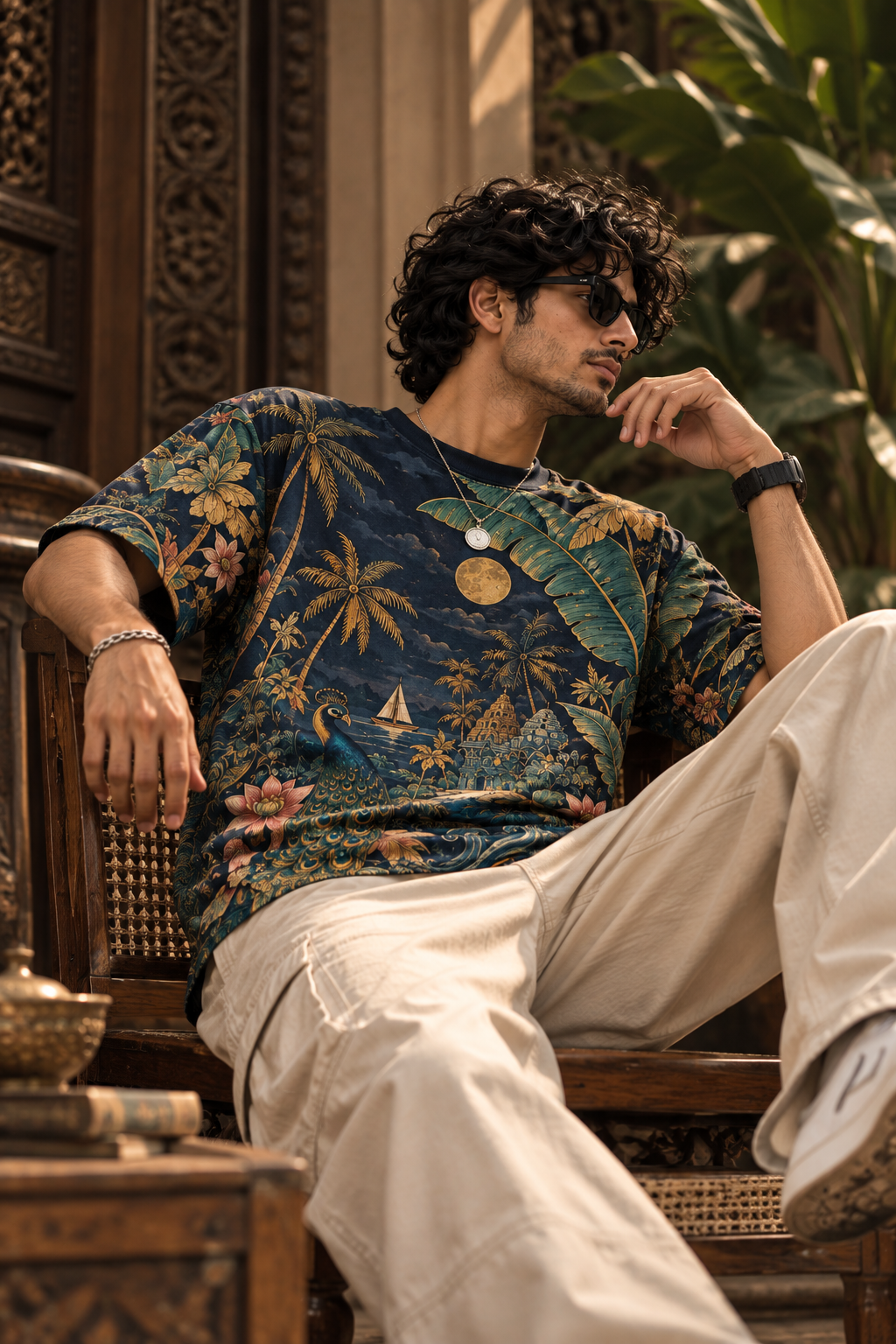 Malabar Nocturne men's oversized t-shirt with tropical Indian resort design by ZERO CODE - view 4