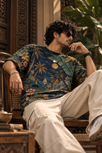 Malabar Nocturne men's oversized t-shirt with tropical Indian resort design by ZERO CODE - view 4