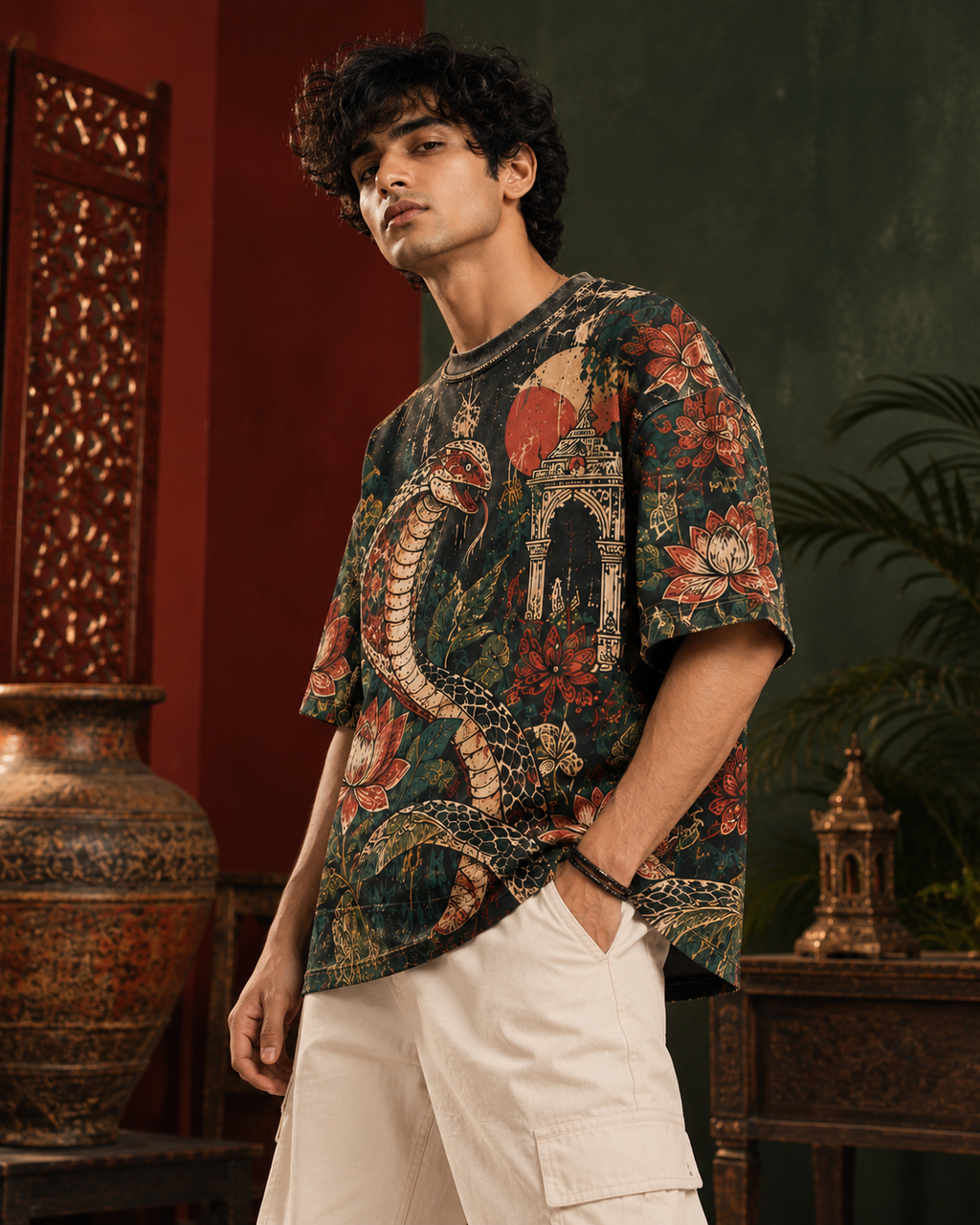 Serpent Garden men's oversized t-shirt with Madhubani folk-art design by ZERO CODE - view 2