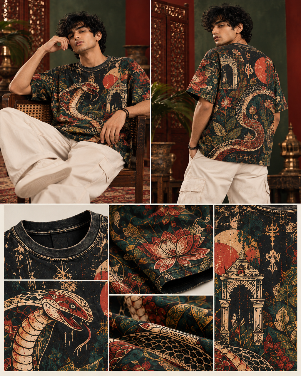Serpent Garden men's oversized t-shirt with Madhubani folk-art design by ZERO CODE - view 5