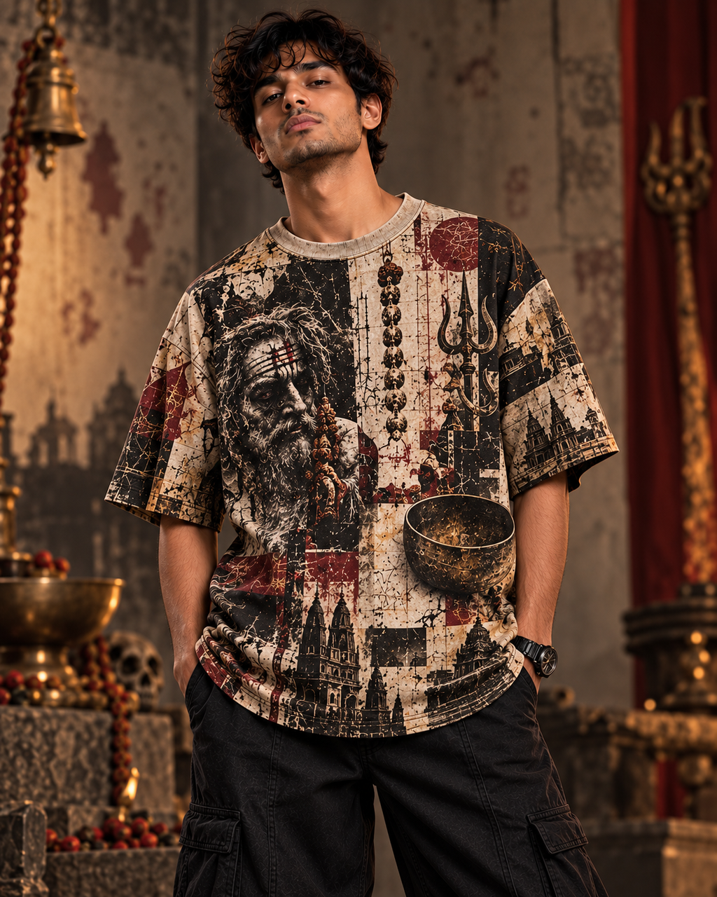 Aghori Relic men's oversized t-shirt with dark Varanasi grunge design by ZERO CODE - view 3