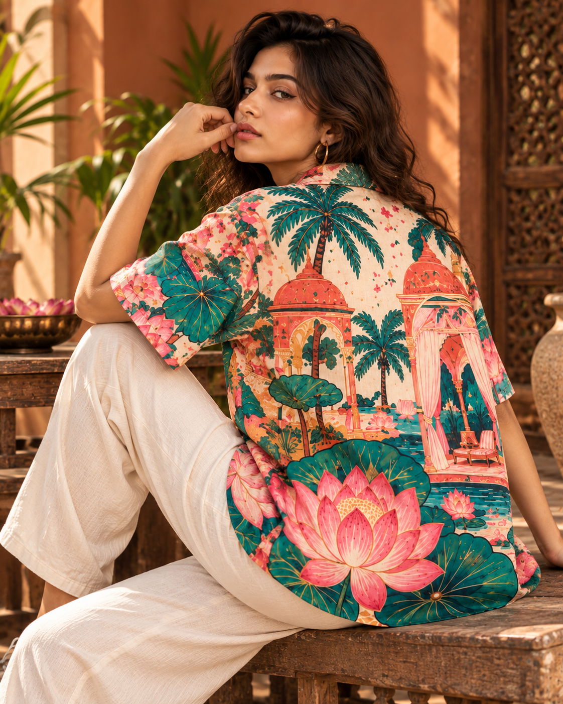 Lotus women's printed casual shirt with Madhubani folk-art design by ZERO CODE - view 2