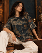 Monsoon Temple women's oversized t-shirt with Madhubani folk-art design by ZERO CODE - view 4