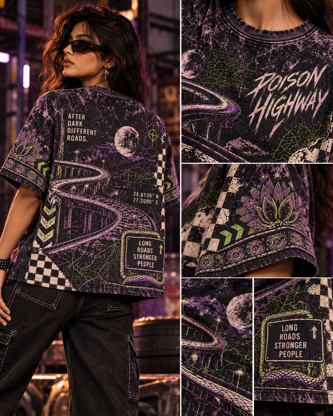 Poison Highway women's oversized t-shirt with retro racing and Indian road-trip design by ZERO CODE - view 6