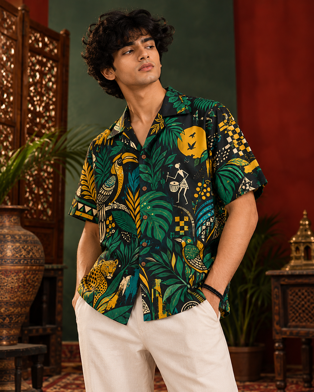 Jungle Radio men's printed casual shirt with Madhubani folk-art design by ZERO CODE - view 2
