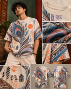 Peacock Static men's oversized t-shirt with Madhubani folk-art design by ZERO CODE - view 6