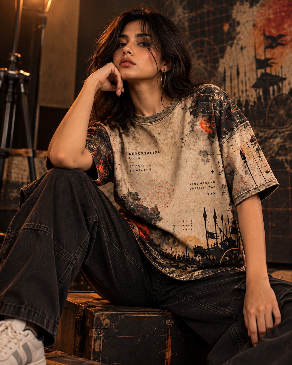 Kurukshetra Grid women's oversized t-shirt with Indian mythology design by ZERO CODE - view 4