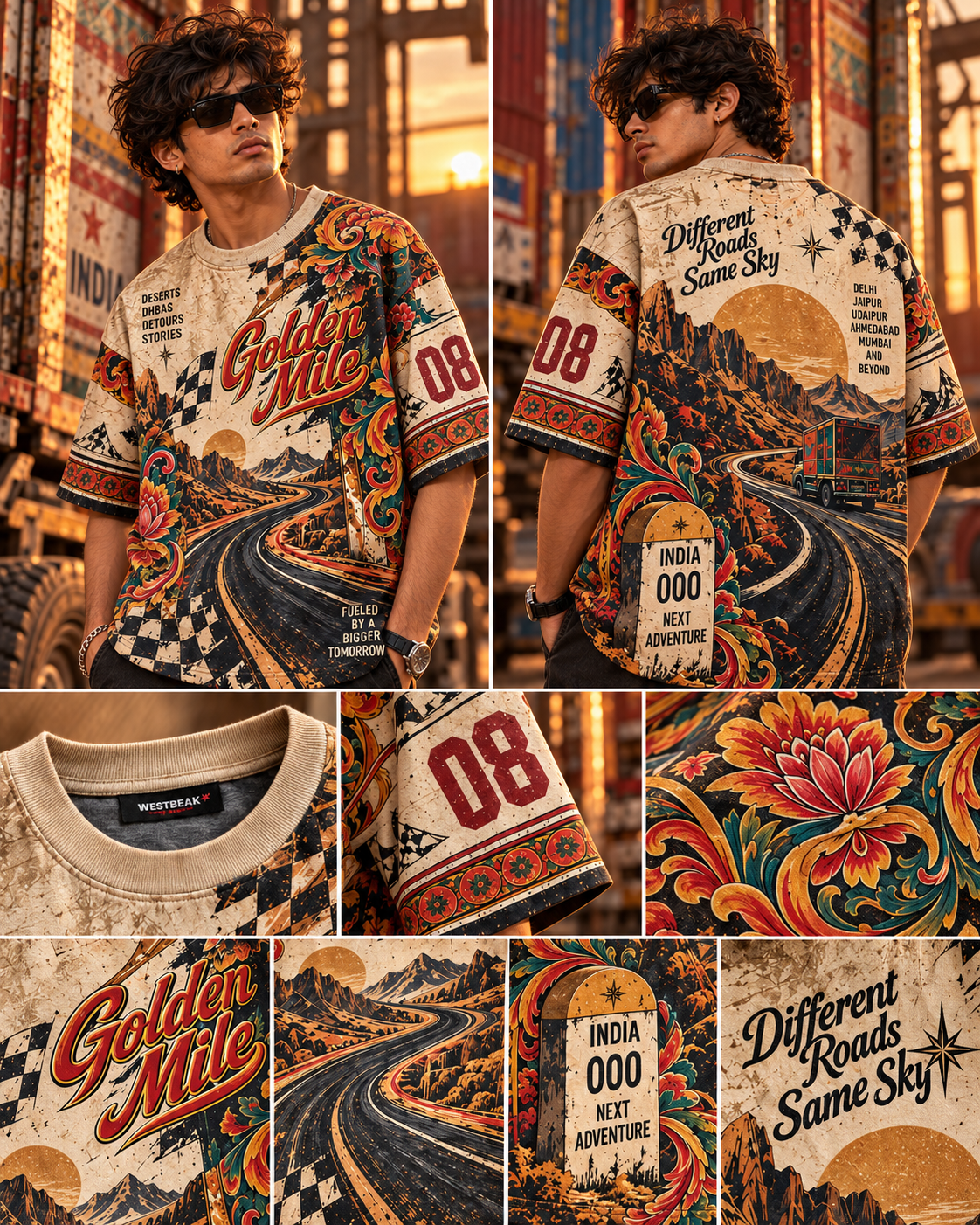 Golden Mile men's oversized t-shirt with retro racing and Indian road-trip design by ZERO CODE - view 2