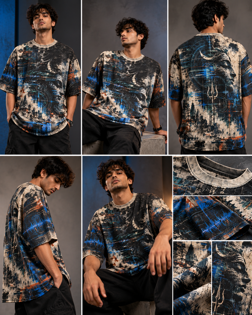 Rudra Transmission men's oversized t-shirt with dark Varanasi grunge design by ZERO CODE - view 5