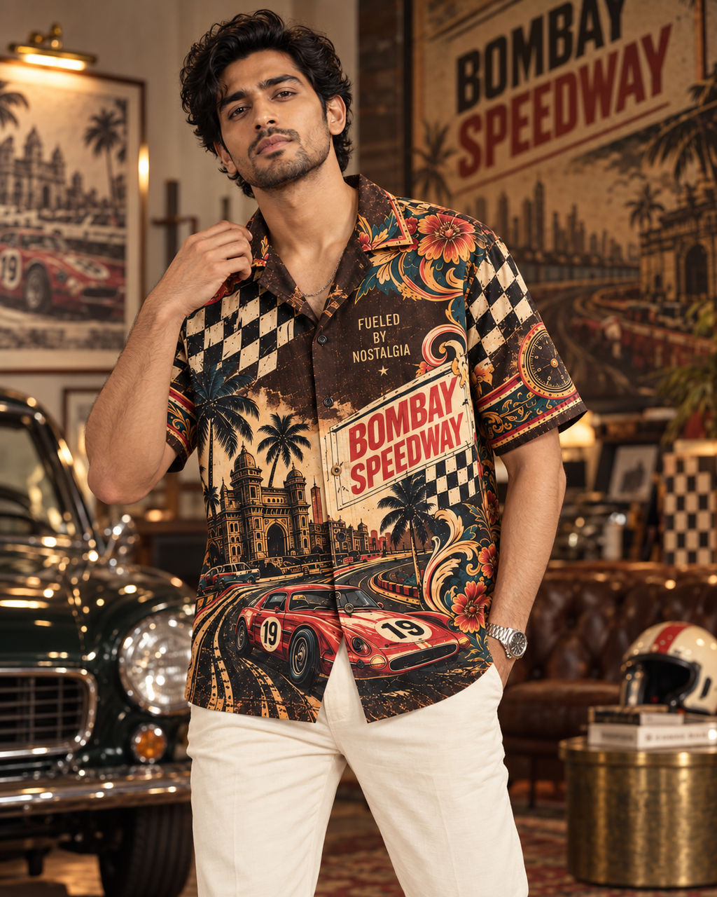 Bombay Speedway men's printed casual shirt with retro racing and Indian road-trip design by ZERO CODE - view 5
