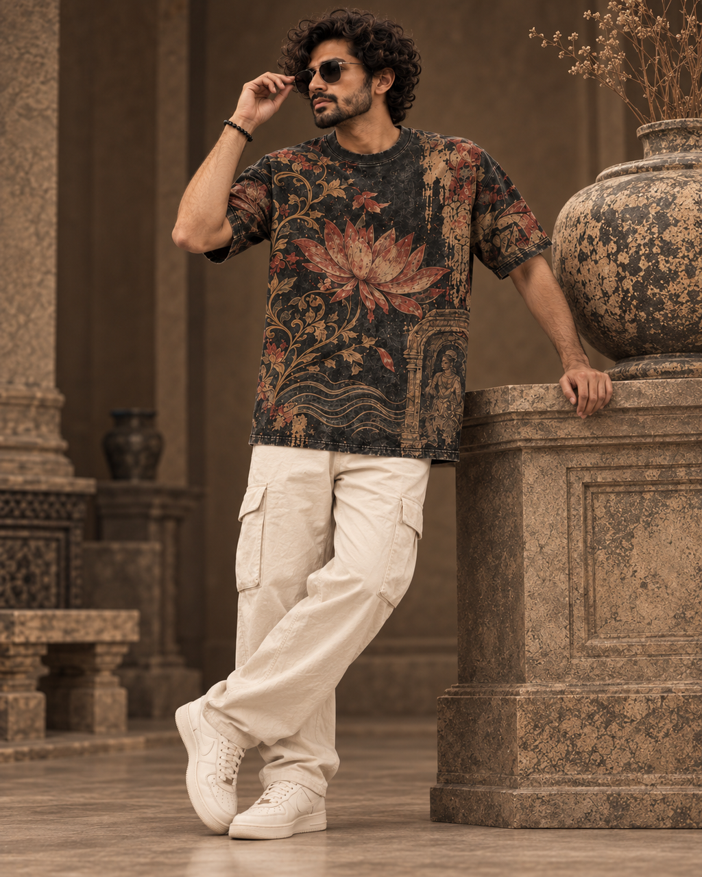 Burnt Lotus Ritual men's oversized t-shirt with tropical Indian resort design by ZERO CODE - view 5