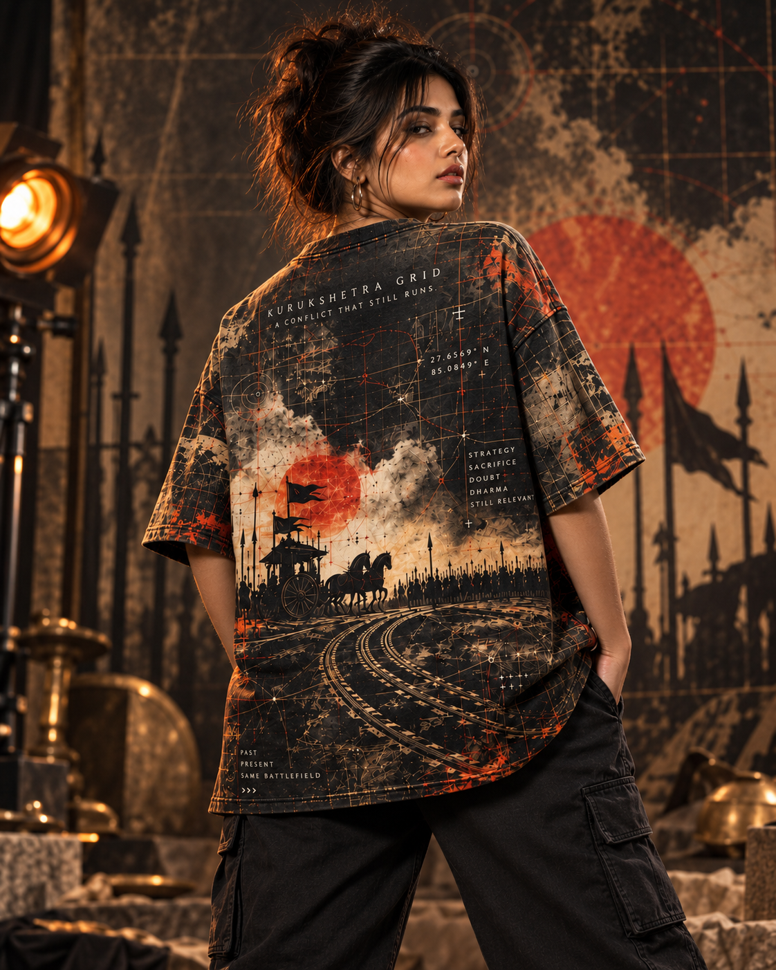 Kurukshetra Grid women's oversized t-shirt with Indian mythology design by ZERO CODE - view 3