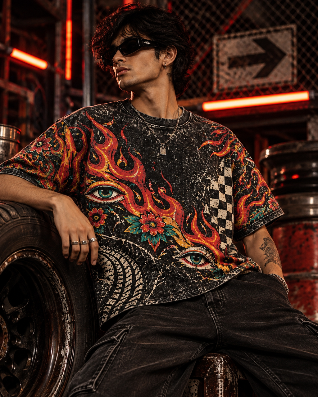 Burnout 77 men's oversized t-shirt with retro racing and Indian road-trip design by ZERO CODE