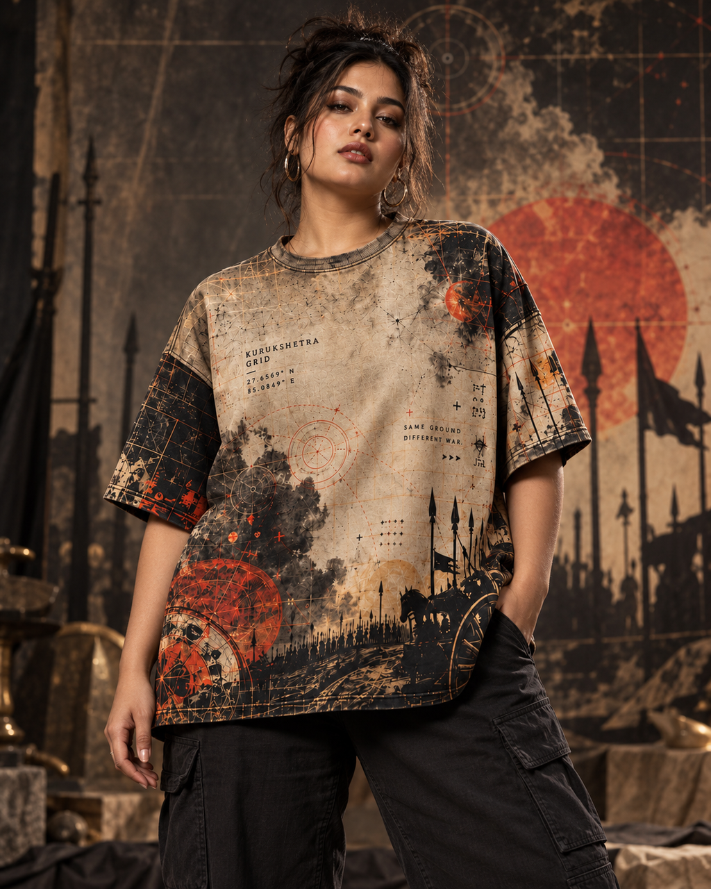 Kurukshetra Grid women's oversized t-shirt with Indian mythology design by ZERO CODE - view 5