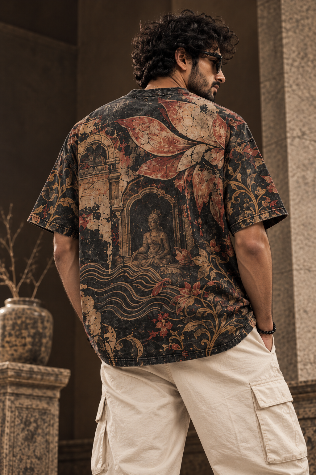 Burnt Lotus Ritual men's oversized t-shirt with tropical Indian resort design by ZERO CODE - view 4