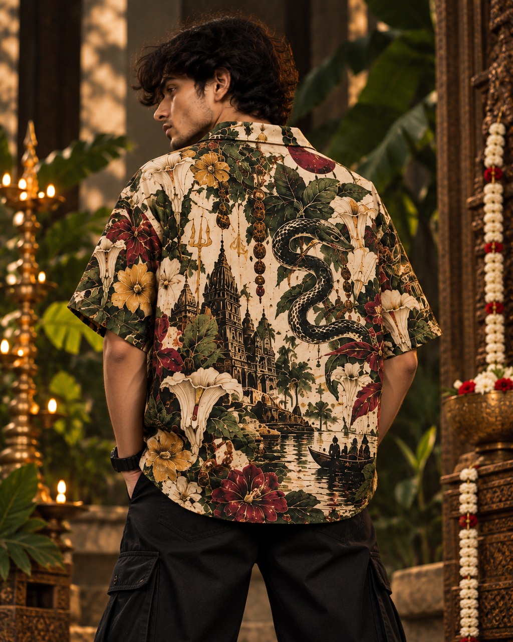 Serpent Paradise men's printed casual shirt with dark Varanasi grunge design by ZERO CODE - view 4