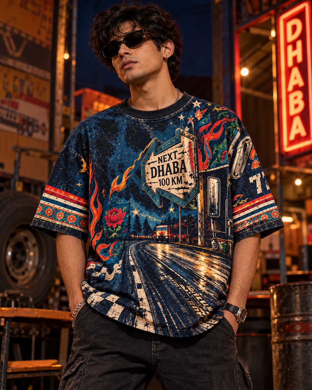 Midnight Dhaba Racing men's oversized t-shirt with retro racing and Indian road-trip design by ZERO CODE - view 5