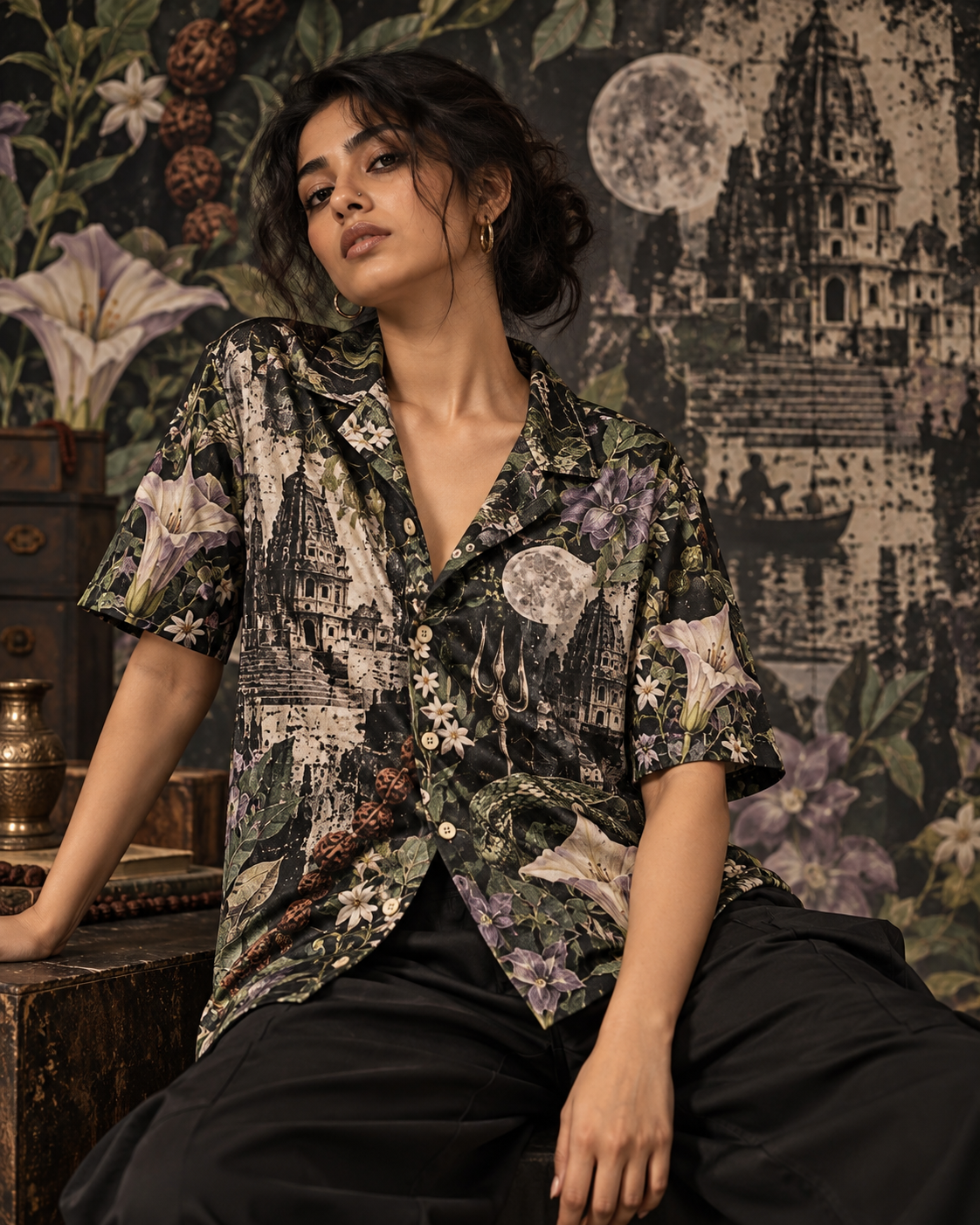 Poison Garden women's printed casual shirt with dark Varanasi grunge design by ZERO CODE