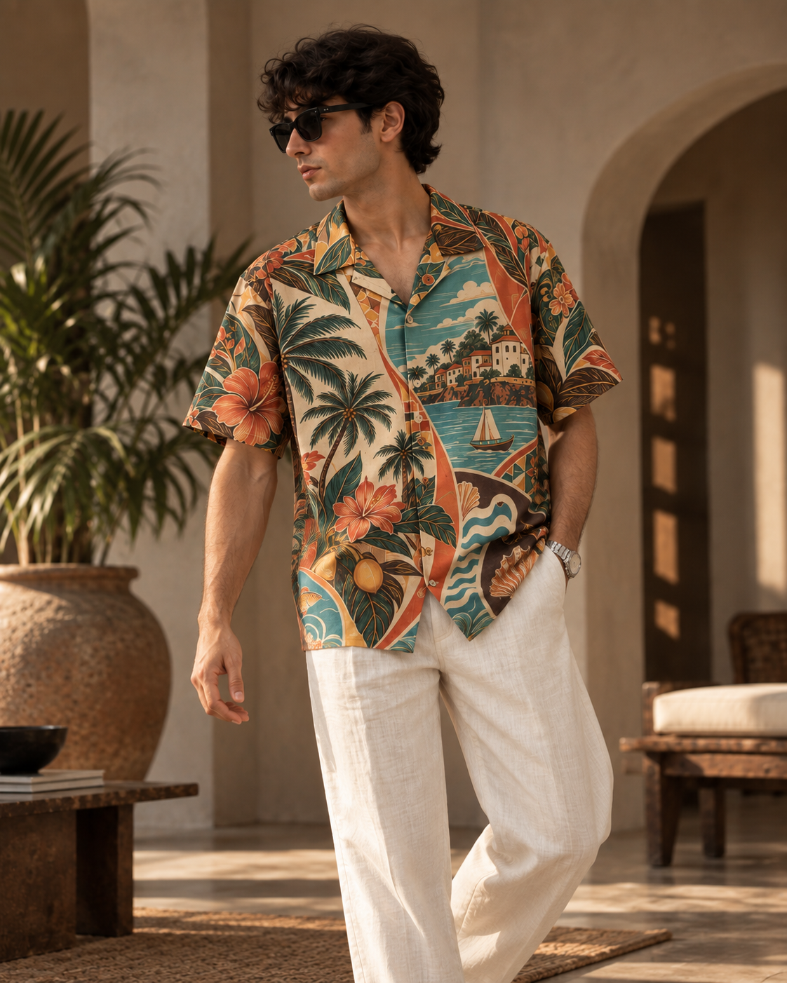 Konkan Cocktail men's printed casual shirt with tropical Indian resort design by ZERO CODE - view 3