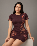 Mudra Flame women's bodycon mini dress with Theyyam anime design by ZERO CODE