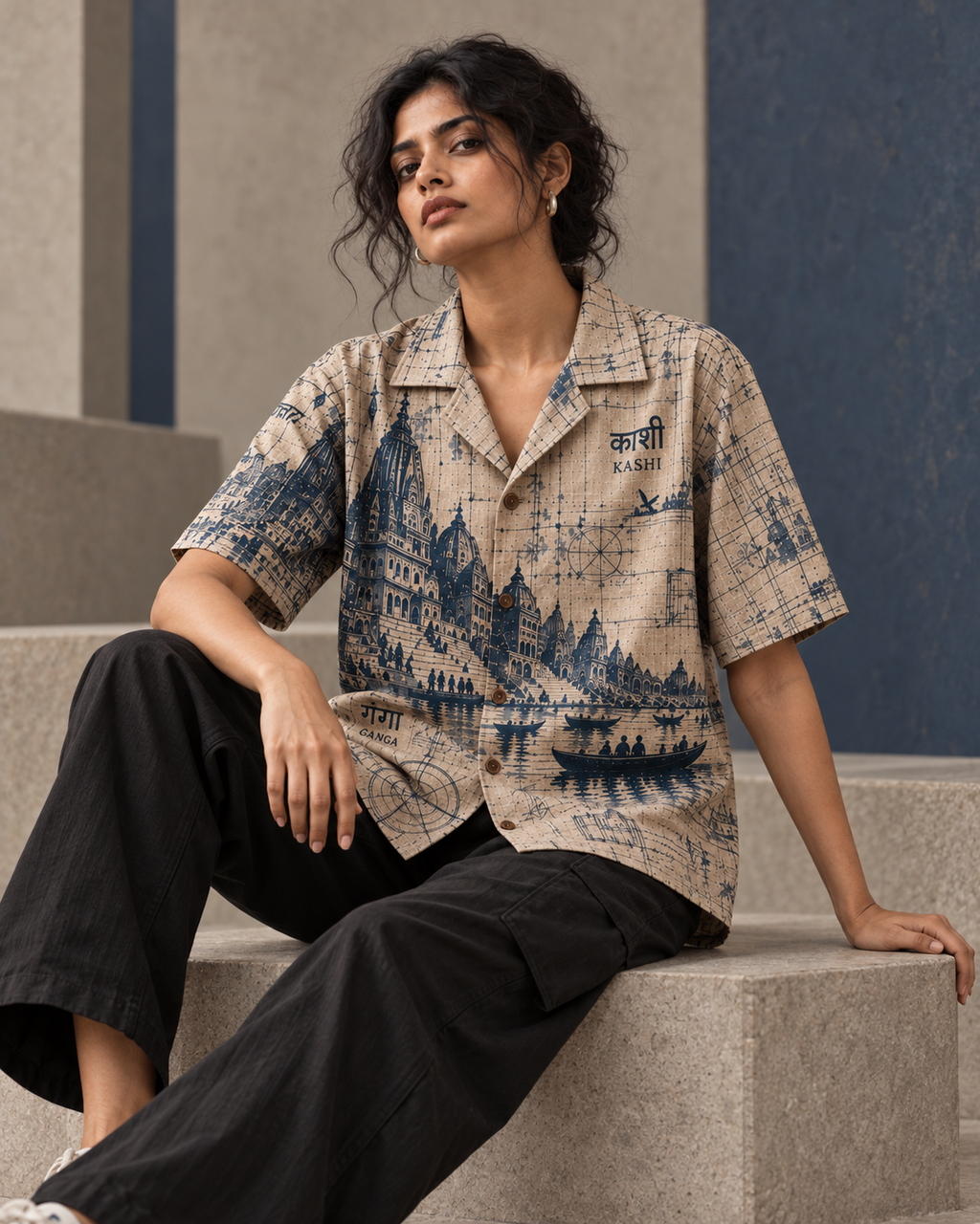 Ghat Blueprint women's printed casual shirt with dark Varanasi grunge design by ZERO CODE