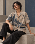Ghat Blueprint women's printed casual shirt with dark Varanasi grunge design by ZERO CODE
