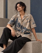 Ghat Blueprint women's printed casual shirt with dark Varanasi grunge design by ZERO CODE