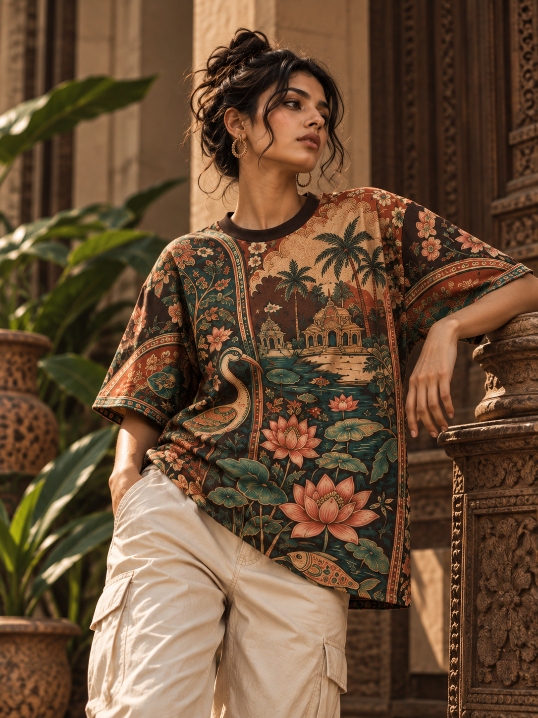 Pattachitra Paradise women's oversized t-shirt with tropical Indian resort design by ZERO CODE - view 2