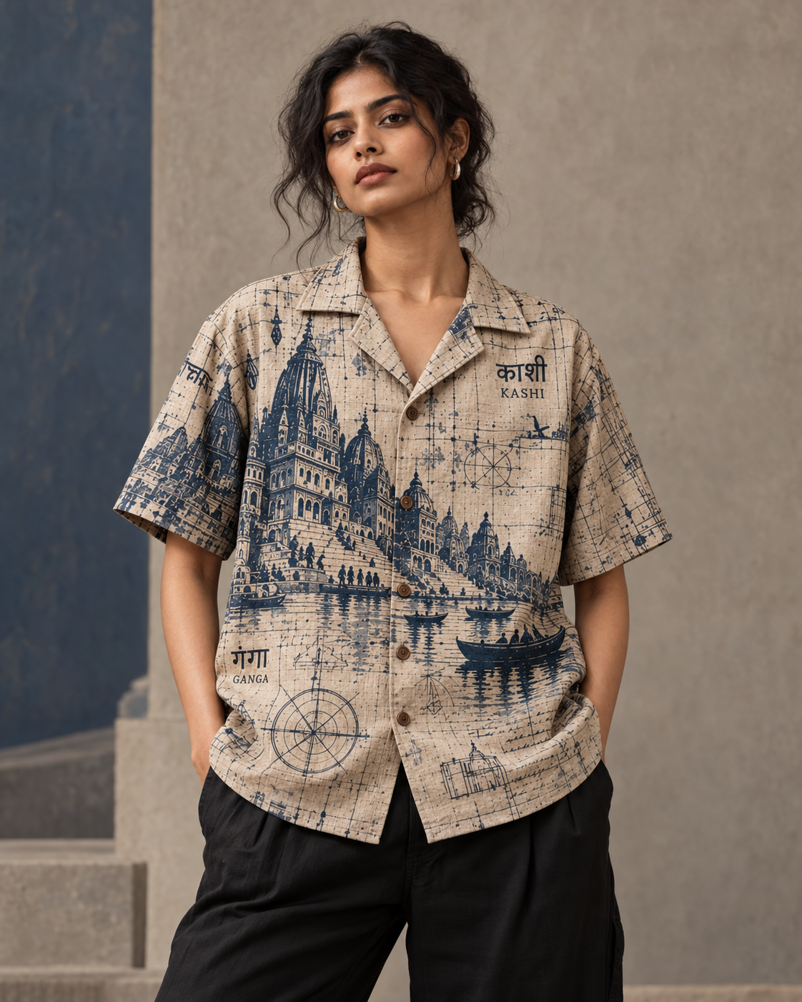 Ghat Blueprint women's printed casual shirt with dark Varanasi grunge design by ZERO CODE - view 4