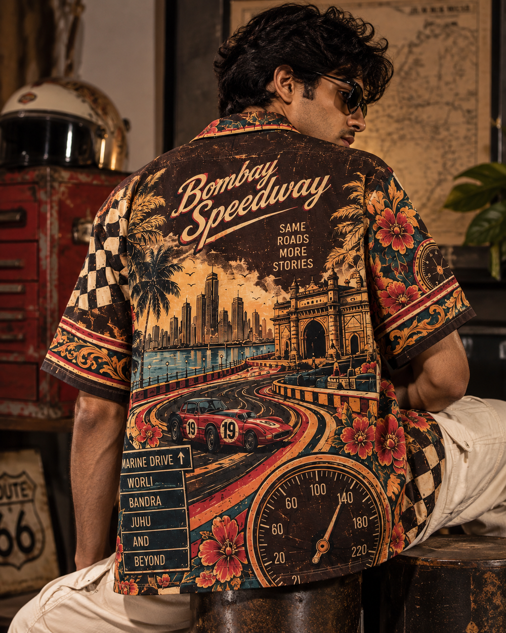 Bombay Speedway men's printed casual shirt with retro racing and Indian road-trip design by ZERO CODE - view 3