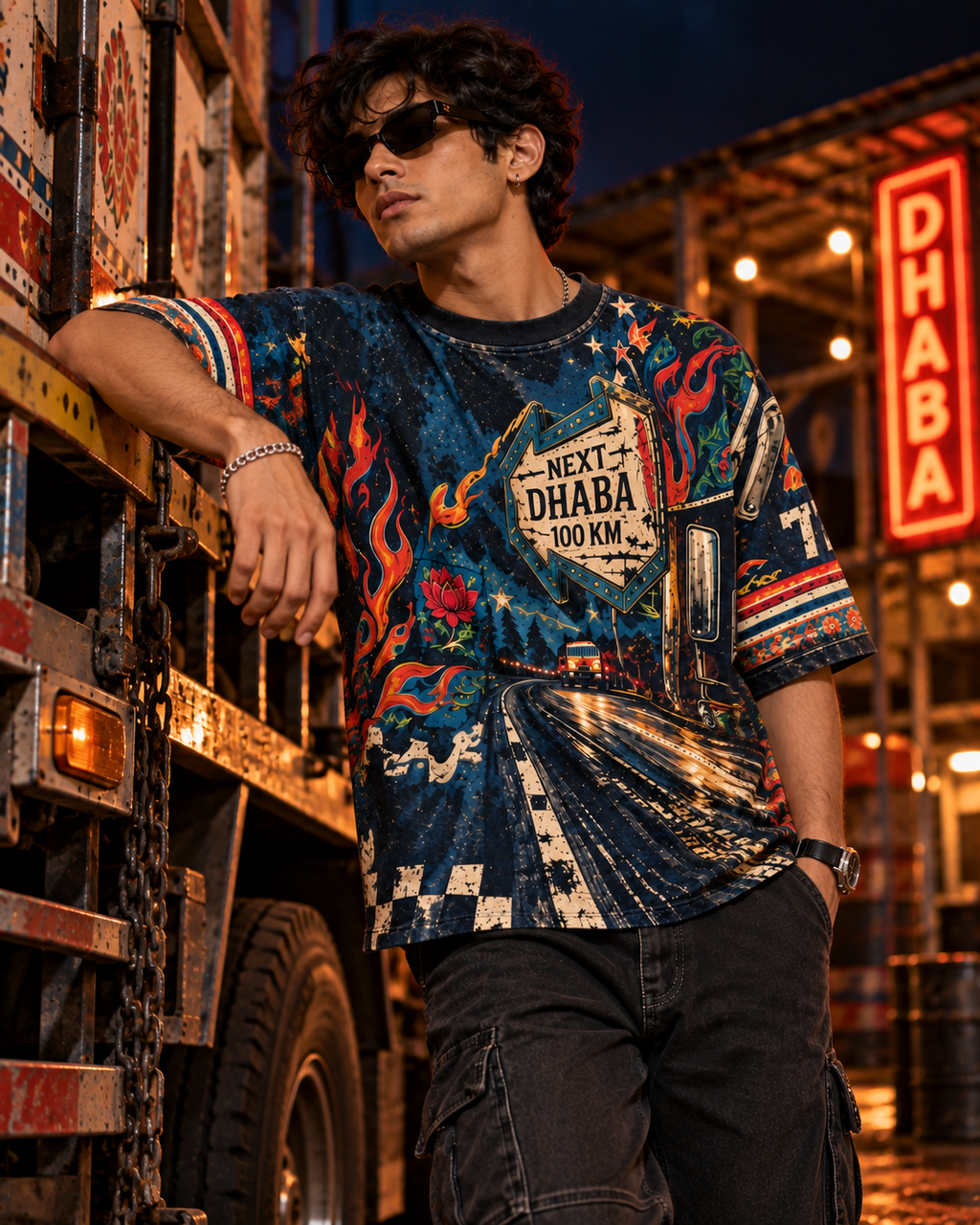 Midnight Dhaba Racing men's oversized t-shirt with retro racing and Indian road-trip design by ZERO CODE - view 2