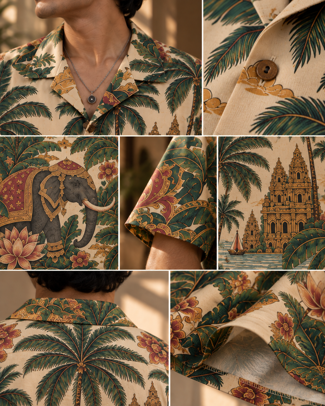Temple Palm Club men's printed casual shirt with tropical Indian resort design by ZERO CODE - view 6