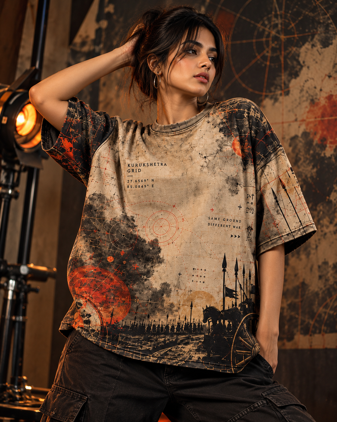 Kurukshetra Grid women's oversized t-shirt with Indian mythology design by ZERO CODE - view 2