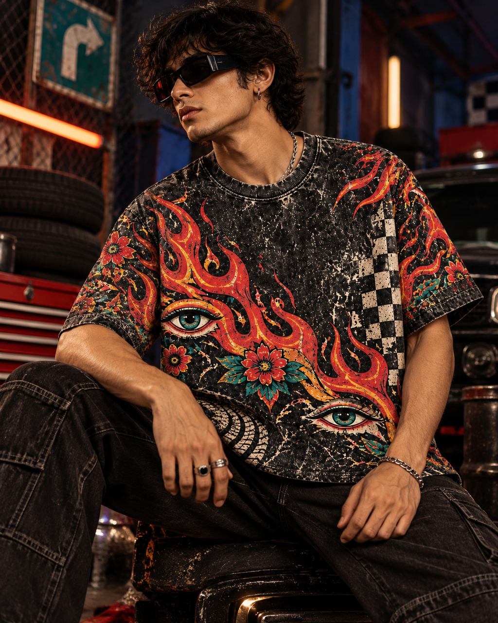 Burnout 77 men's oversized t-shirt with retro racing and Indian road-trip design by ZERO CODE - view 6
