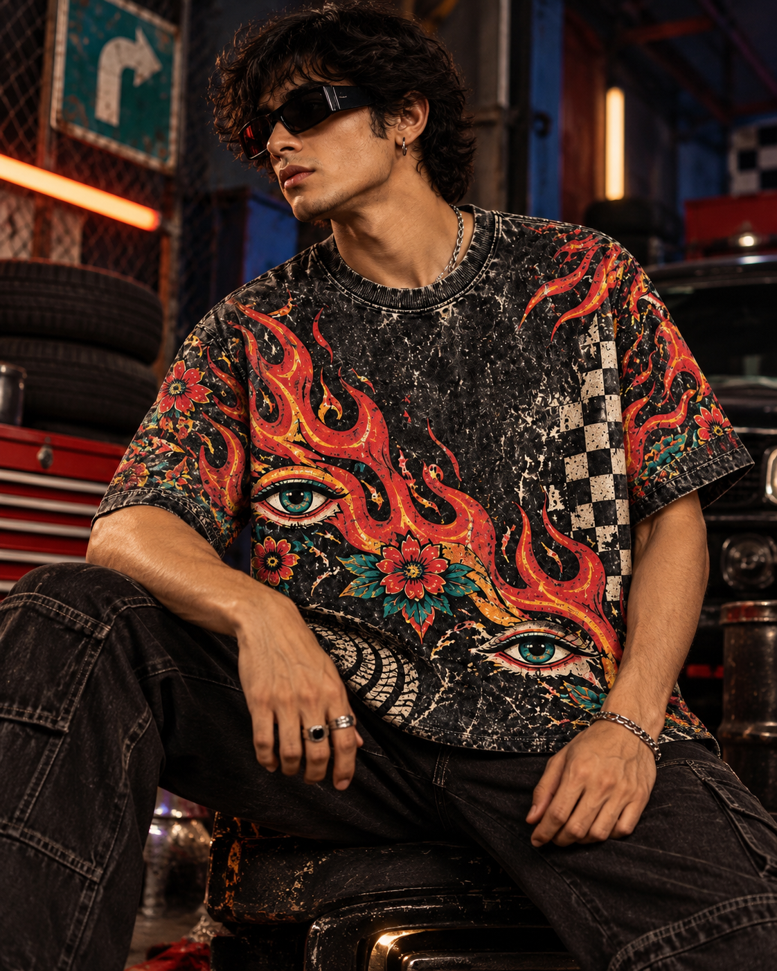 Burnout 77 men's oversized t-shirt with retro racing and Indian road-trip design by ZERO CODE - view 6