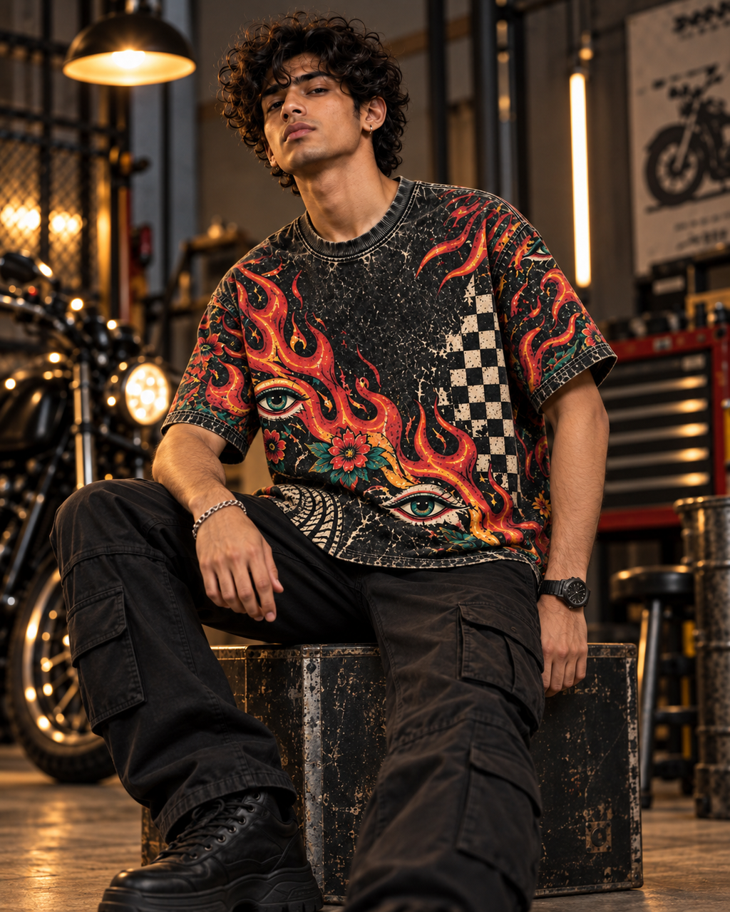 Burnout 77 men's oversized t-shirt with retro racing and Indian road-trip design by ZERO CODE - view 3