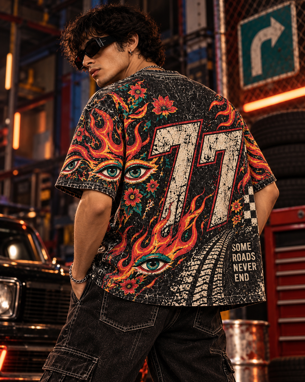 Burnout 77 men's oversized t-shirt with retro racing and Indian road-trip design by ZERO CODE - view 2