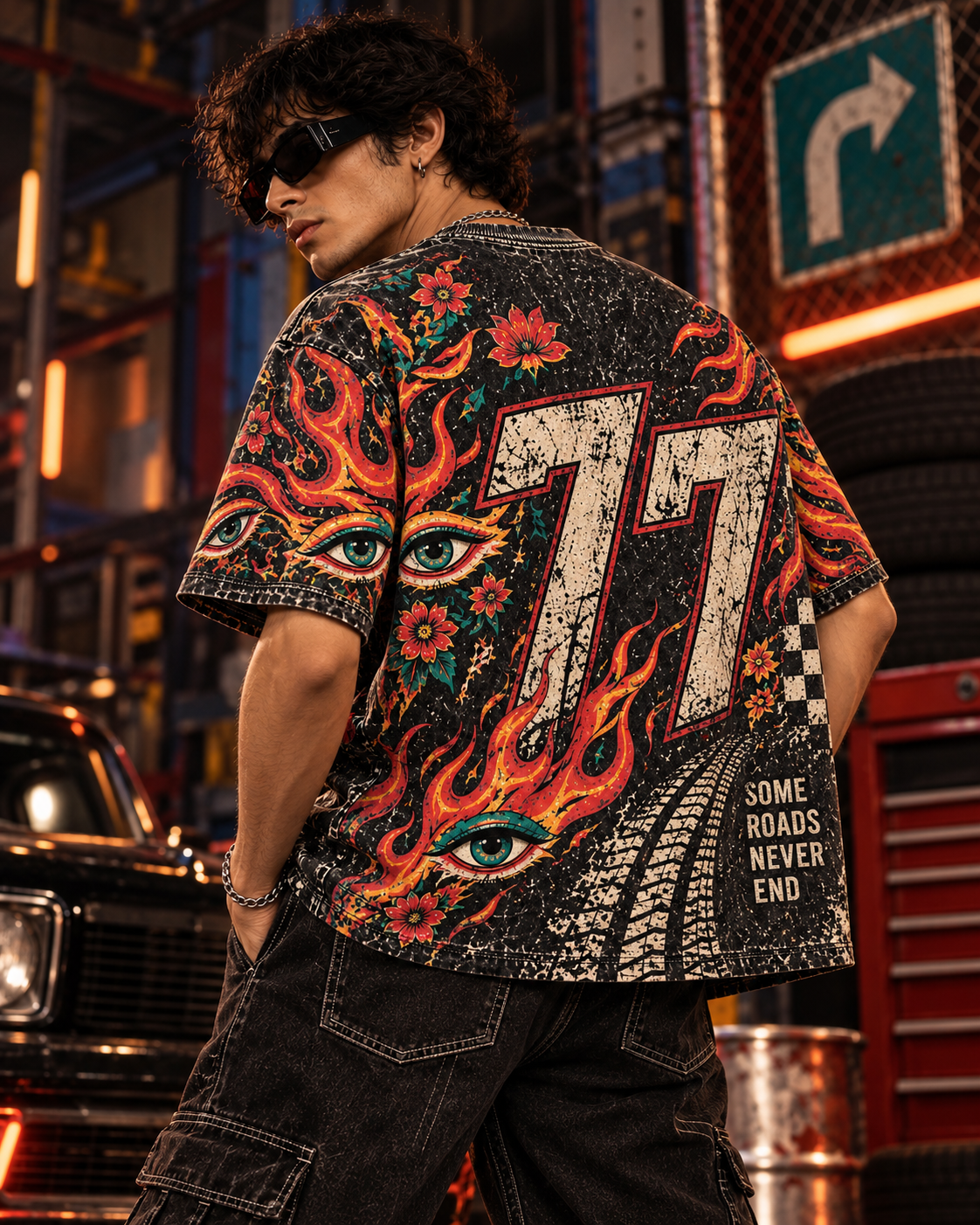 Burnout 77 men's oversized t-shirt with retro racing and Indian road-trip design by ZERO CODE - view 2