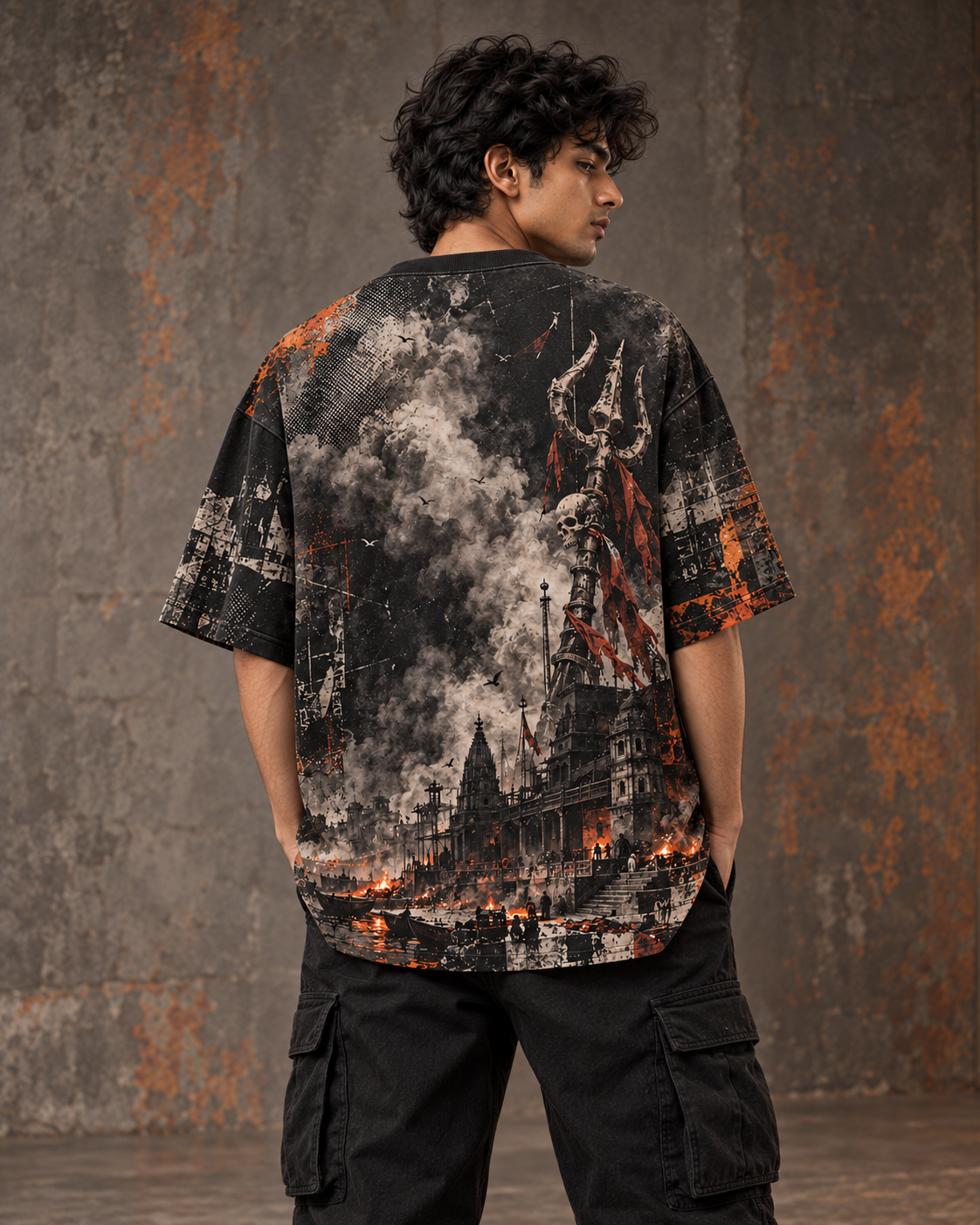 Manikarnika After Midnight men's oversized t-shirt with dark Varanasi grunge design by ZERO CODE - view 3