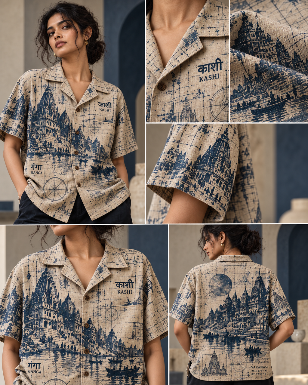 Ghat Blueprint women's printed casual shirt with dark Varanasi grunge design by ZERO CODE - view 5