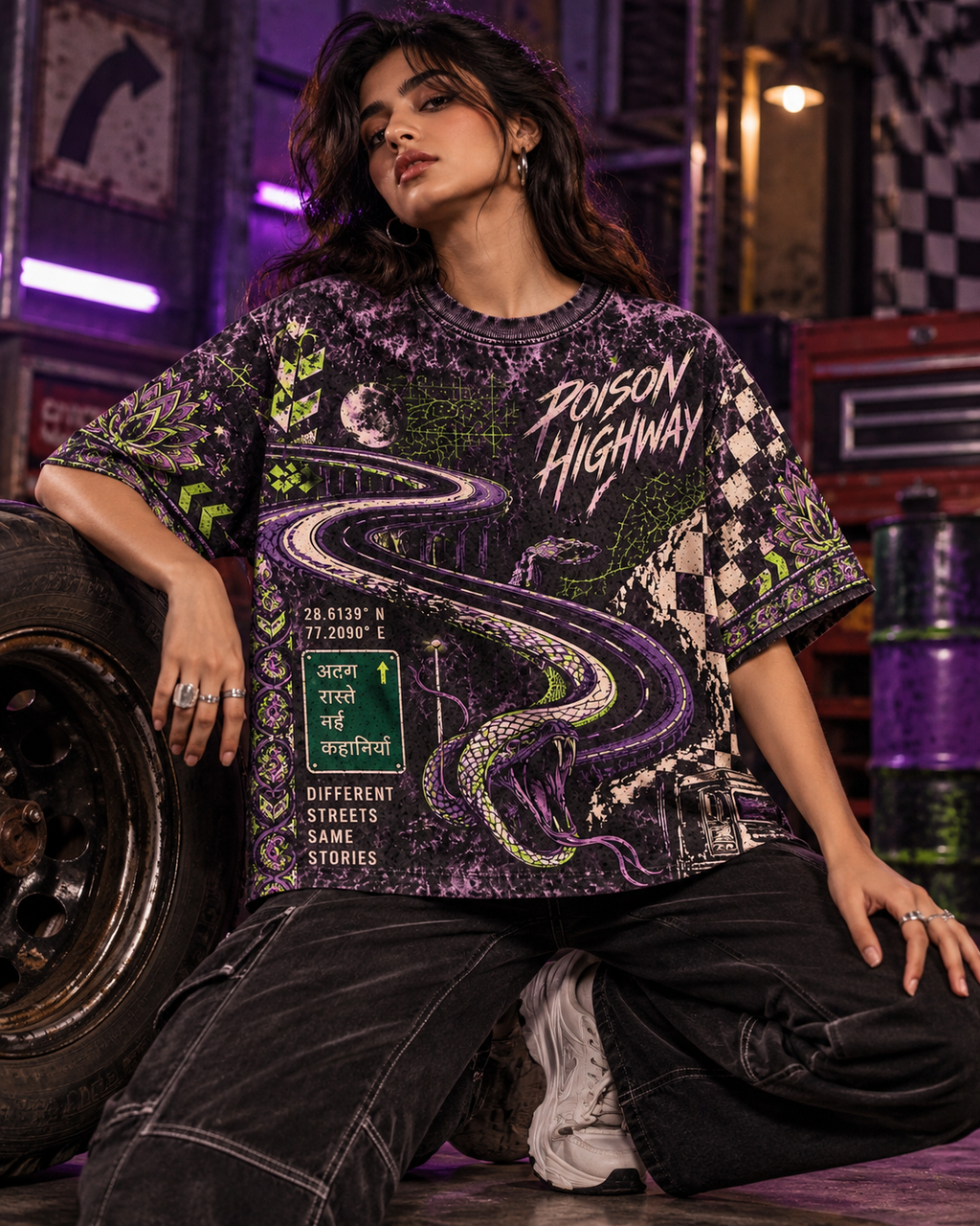 Poison Highway women's oversized t-shirt with retro racing and Indian road-trip design by ZERO CODE - view 3