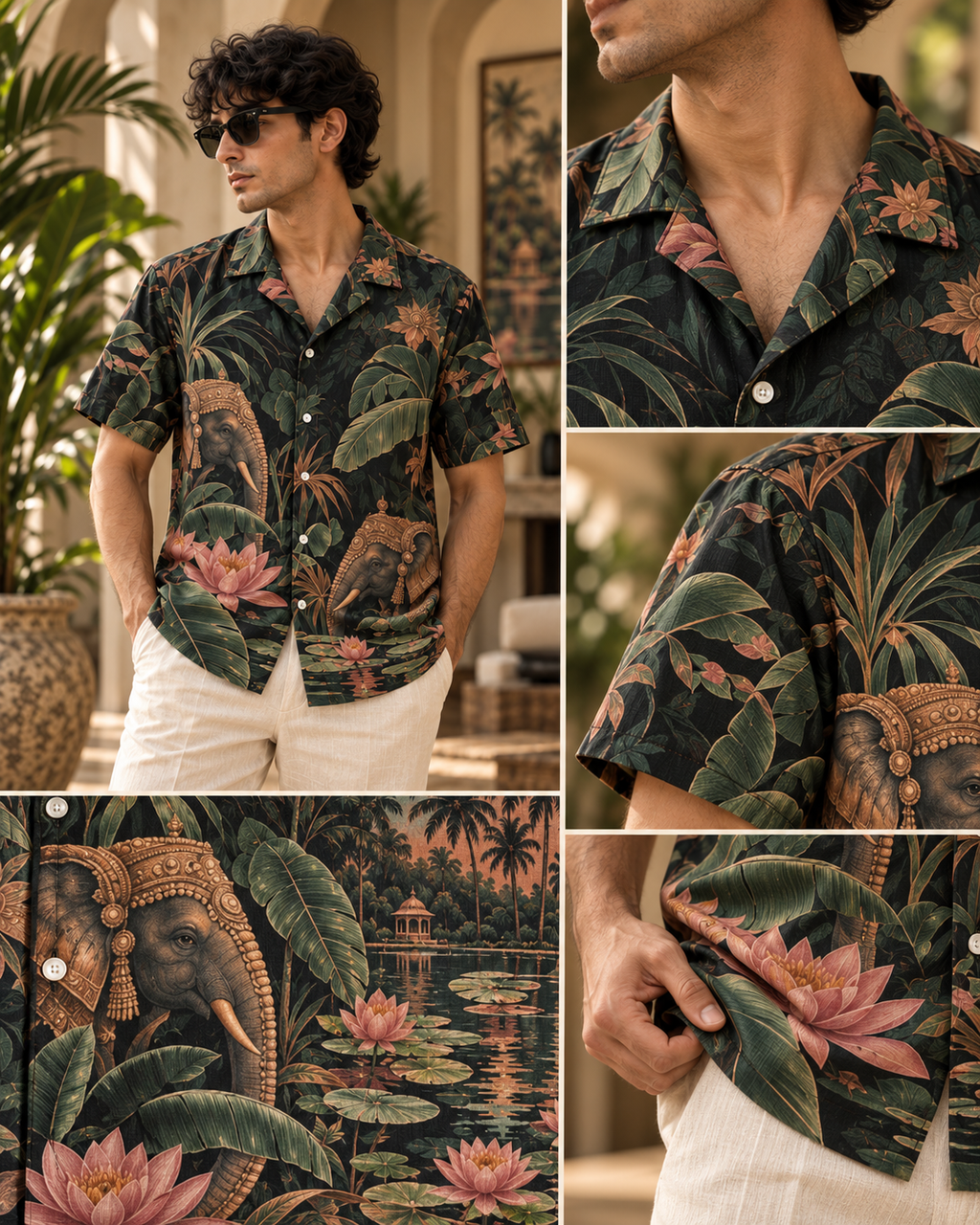 Elephant Lagoon men's printed casual shirt with tropical Indian resort design by ZERO CODE - view 3