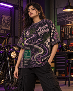 Poison Highway women's oversized t-shirt with retro racing and Indian road-trip design by ZERO CODE - view 4