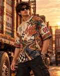 Golden Mile men's oversized t-shirt with retro racing and Indian road-trip design by ZERO CODE