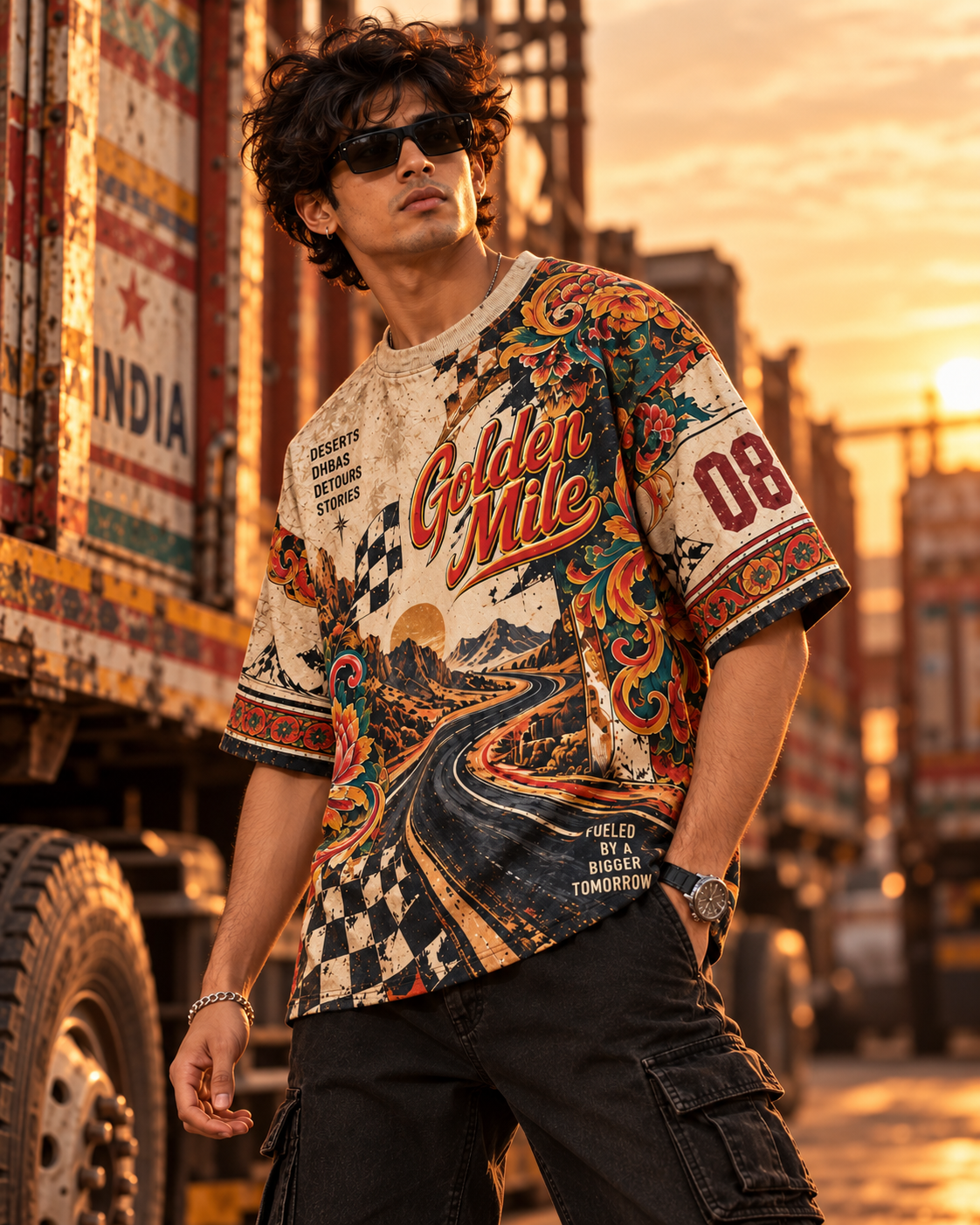 Golden Mile men's oversized t-shirt with retro racing and Indian road-trip design by ZERO CODE