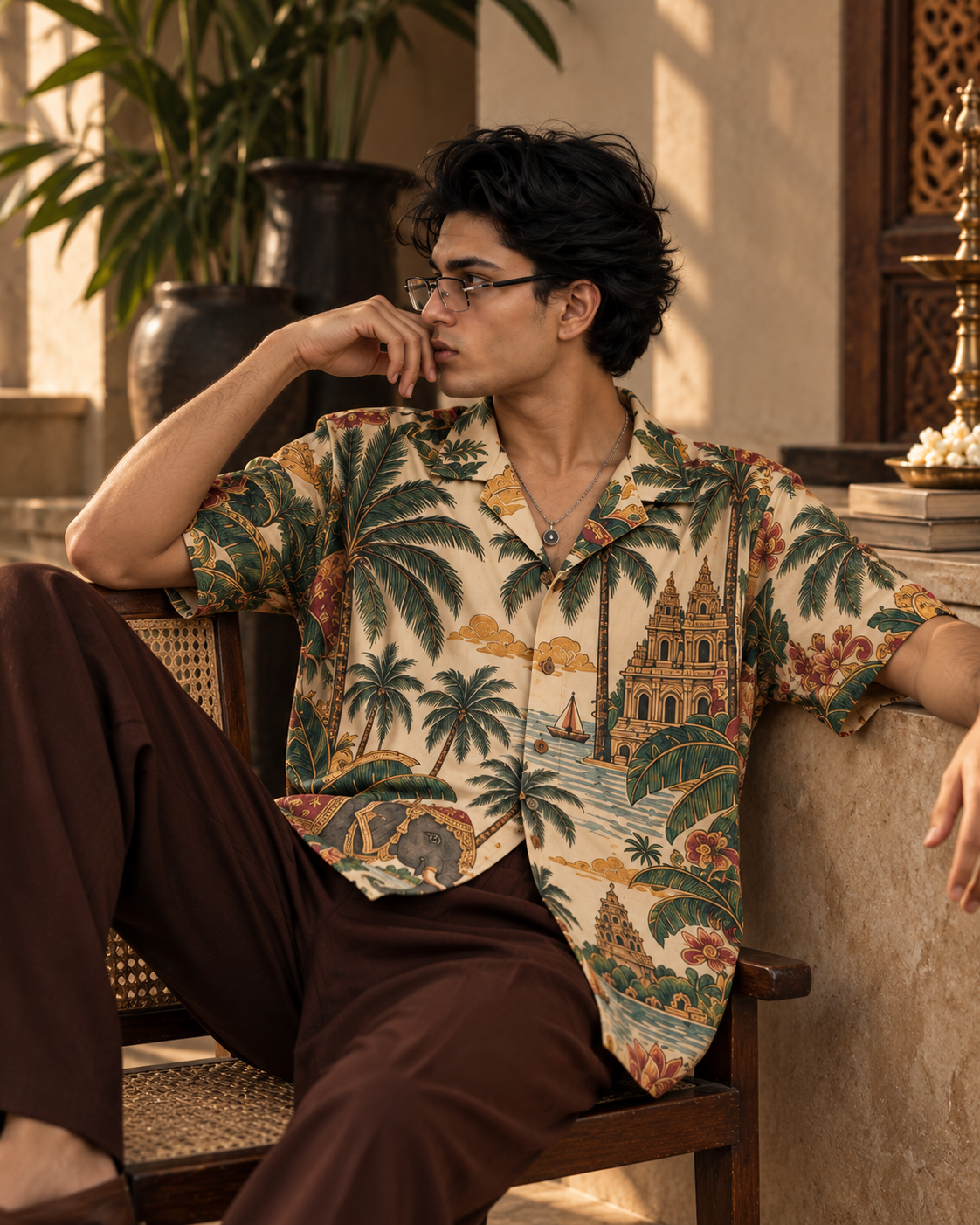 Temple Palm Club men's printed casual shirt with tropical Indian resort design by ZERO CODE - view 2